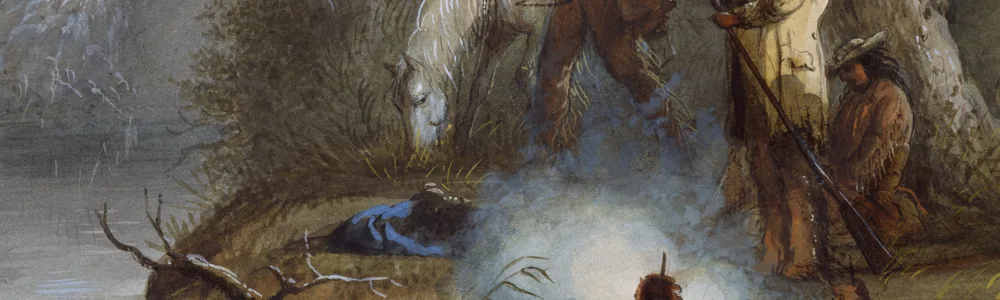Painted camp scene of trappers around a fire with smoke rising, a long gun and horses behind them