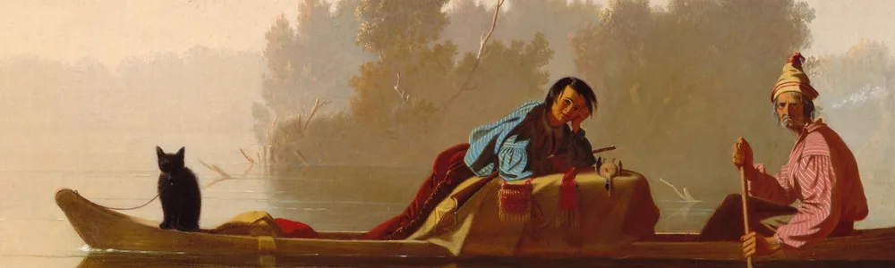 Painted scene of a fur trader and a boy in a dugout canoe on a still river, an animal perched on the bow